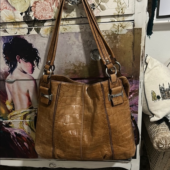 b. makowsky Handbags - B. Makowsky Tan Shoulder Bag with Distressed Leather and Double Straps